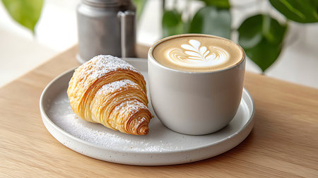 Cup of coffee with croissant on table, closeupの写真素材
