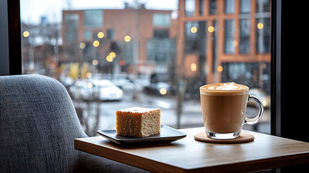 Coffee cup and cake on the table in coffee shop.
