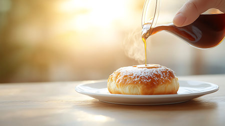 Pouring honey on doughnut with sun light effect, stock photo