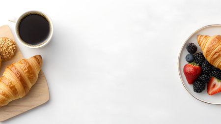 Cup of coffee and croissants on white background, top viewの写真素材