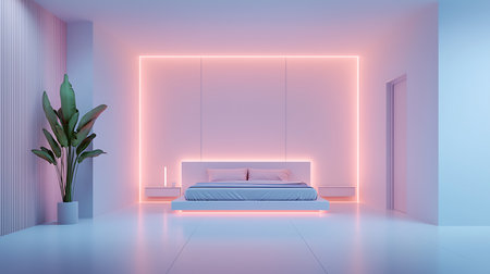 3d rendering of a modern bedroom with white walls and a bedの写真素材