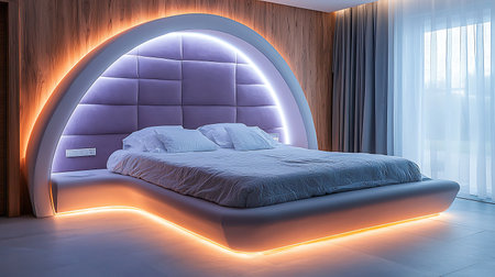 Interior of a modern bedroom with a double bed illuminated by neon lightsの写真素材