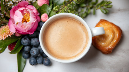 Cup of coffee with fresh berries and pastries on a white tableの写真素材