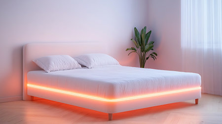 Interior of a modern bedroom with a double bed illuminated by neon lightの写真素材
