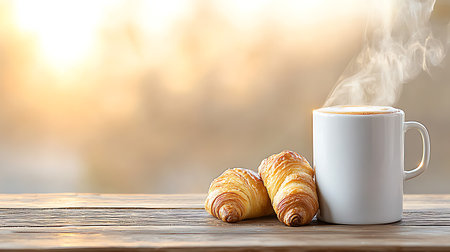 Cup of coffee and croissants on wooden table, closeupの写真素材