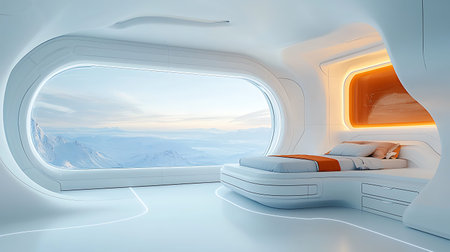 Interior with a view of the mountains. 3d render