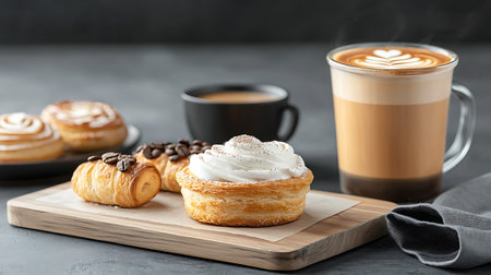 Coffee and sweet buns with whipped cream on wooden boardの写真素材