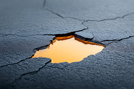 Cracked asphalt with yellow sun light on it. Collage.の写真素材