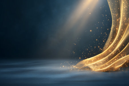 Abstract golden background with light rays and smoke, 3d render illustrationの写真素材