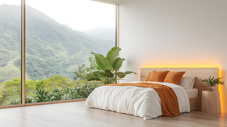 Interior of modern bedroom with white walls, wooden floor, orange master bed with orange blanket and plant. 3d renderingの写真素材
