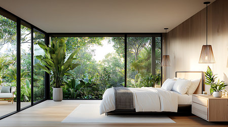 Luxury bedroom interior design with tropical plants. 3D Rendering