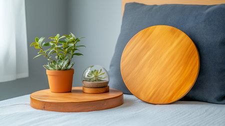 Modern interior design of bedroom. Comfortable bed with pillows, potted plants and round mirror on...