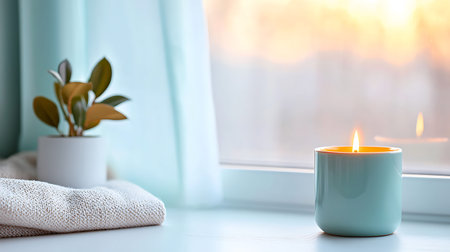 Burning candle on window sill, space for text. Interior designの写真素材