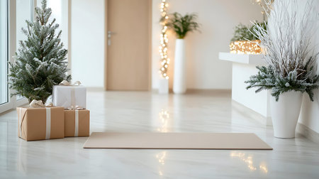 Christmas and New Year interior with Christmas tree, gift boxes and decorationsの写真素材