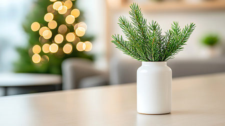 Vase with fir branches on table in room with blurred Christmas lightsの写真素材