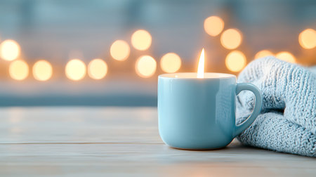 Cup of coffee with warm knitted sweater on wooden table, closeupの写真素材