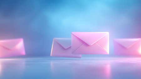 3d rendering of pink envelopes flying in the dark blue background
