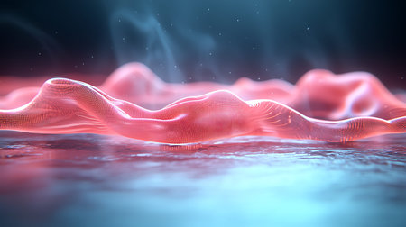 3d rendering of abstract digital red particles flow on dark background.