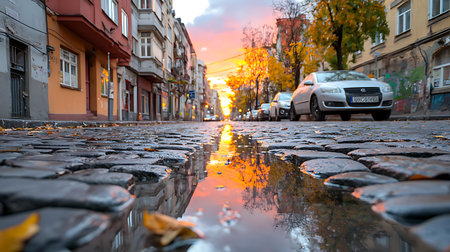 Puddle in the middle of the street at sunset, Prague, Czech Republicの写真素材