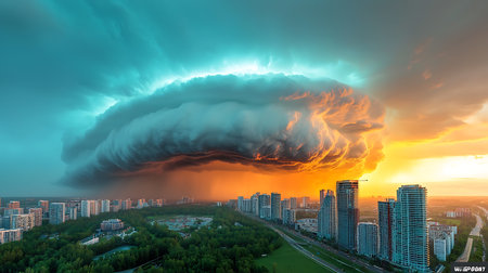 Powerful thunderstorm over the city at sunset, panoramic viewの写真素材