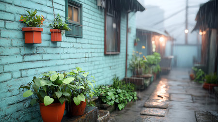 Green plants in pots on the street in rainy day. Selective focus.