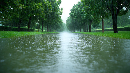 Rainy season in the public park. Rainy day in the public park.