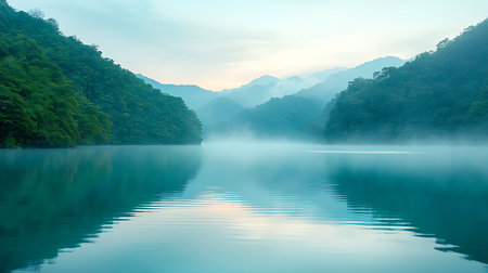 Beautiful landscape of lake and mountains in the mist at sunrise.