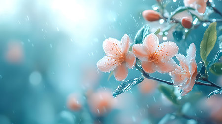 Blossoming rhododendron branch in the rain.