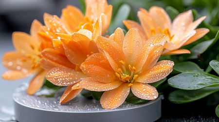 Bouquet of orange crocuses with water drops on black background