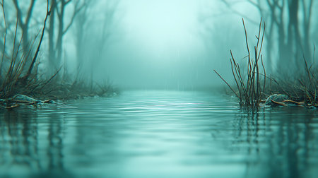 Foggy morning in the swamp. 3d render illustration.