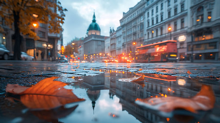Reflection of the city in a puddle with autumn leaves.の写真素材