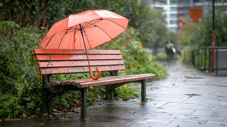 Umbrella on a bench in the rain. Selective focus.の写真素材