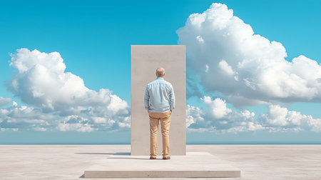 Man standing in front of a stone door with clouds in the skyの写真素材