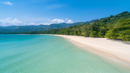 Aerial view of beautiful tropical beach with turquoise water and white sand. Nature background