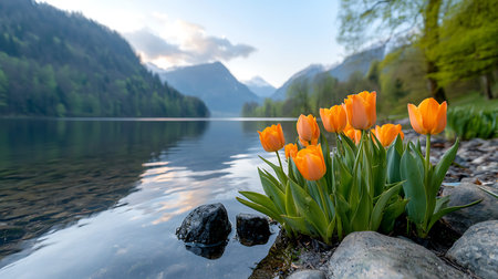 Orange tulips on the shore of a lake at sunrise. Beautiful spring landscape.