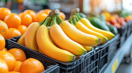 Fresh bananas and zucchini on the shelf in the supermarket.の写真素材
