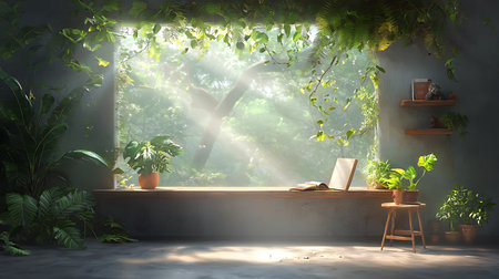 Laptop on the windowsill with green plants.の写真素材