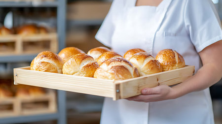 Baker holding a tray with fresh buns in the bakery.の写真素材