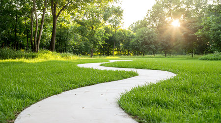 Concrete pathway in the park with green grass and trees background.
