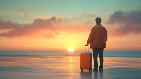 Traveler with a suitcase on the beach at sunset.3d renderingの写真素材