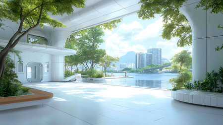 3d render of modern living room with swimming pool and city view