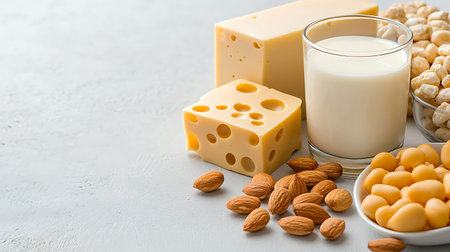 Milk, nuts and cheese on a white background. Dairy products.