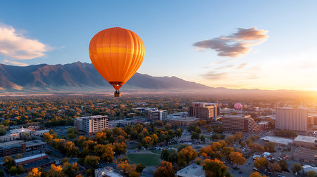 Aerial view of a city at sunrise. Hot air balloons flying over the city.の写真素材