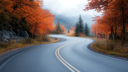 Road in the autumn forest. Autumn landscape with road and trees.