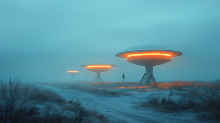 UFO flying saucers in the fog. 3d rendering