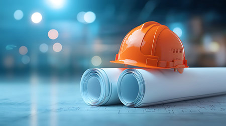 Orange safety helmet with roll of blueprints on construction site. 3d rendering