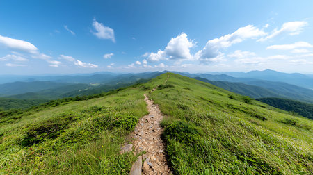 Hiking trail on the top of the mountain with blue sky background