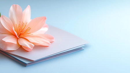 Pink flower and notebook on blue background. Place for your text.