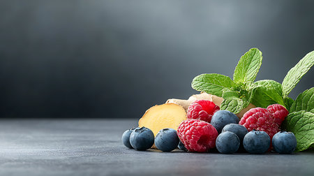 Fresh berries and mint leaves on a dark background. Copy space.の写真素材