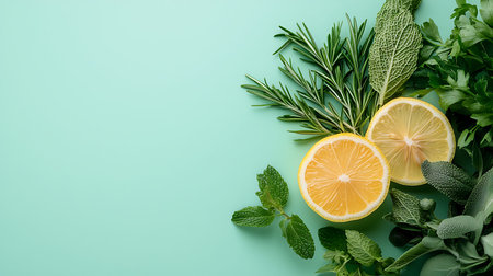 Fresh herbs and lemon on green background. Top view, copy space